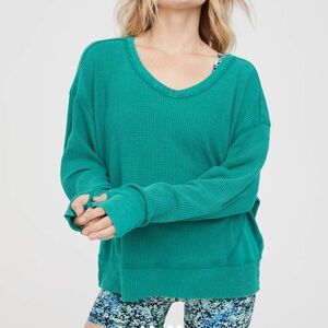AERIE WOW WAFFLE OVERSIZED T SHIRT GREEN LARGE